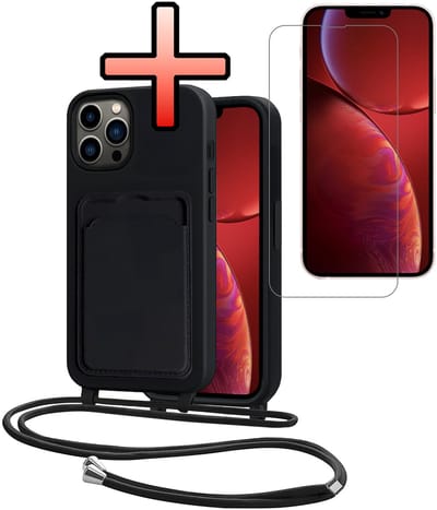 Hoes Geschikt voor iPhone 13 Pro Hoesje Pasjeshouder Cover Met Koord Case Siliconen Hoes Met Telefoonkoord en Kaarthouder Met Screenprotector - Zwart