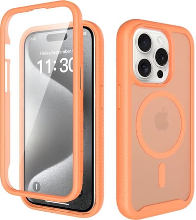 Hoesje met Ingebouwde Screenprotector Geschikt voor Apple iPhone 15 Pro - Compatibel met MagSafe / Qi2 - Full Protect - Schokbestendige Beschermhoes - Case Matte Oranje