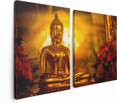 Artaza Canvas Schilderij Tweeluik Gouden Boeddha Beeld - 120x80 cm - Wanddecoratie Woonkamer - Schilderijen - Muurdecoratie
