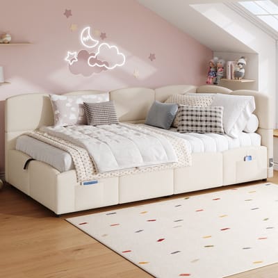 Wishdor Eenpersoonsbed 90x200 cm - Hydraulische opbergruimte & USB-aansluitingen - Lusstof - Beige - Multifunctioneel bankbed voor kleine ruimte