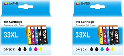 INKFIND 33XL inktcartridge voor Epson 33XL T3351 T3361 T3362 T3363 T3364 inktcartridge multipack 10 stuks (2*5pack=Zwart x 2, foto zwart x 2, Cyaan x 2, Magenta x 2, Geel x 2) voor Epson Expression Premium XP-530, XP-540, XP-630/635/640/645/830/900