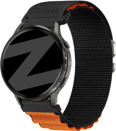 Bandz Nylon bandje 'Alpine' (22mm) - Geschikt voor Garmin Vivoactive 4 / Garmin Venu 2 / Garmin Venu 3 / Garmin Forerunner 255 / Garmin Forerunner 265 / Garmin Forerunner 570 - 47mm / Garmin Venu 4 - 45mm - Zwart/Oranje