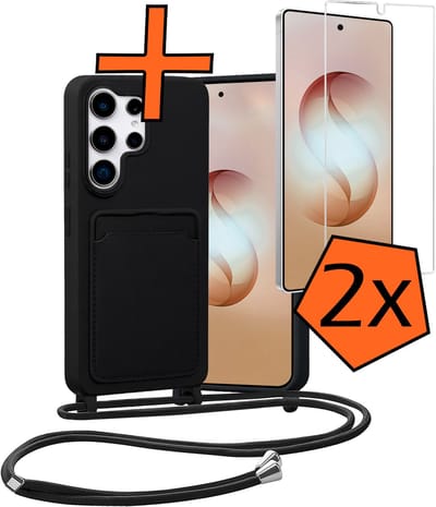 Hoesje Geschikt voor Samsung S26 Ultra Hoes Met Telefoonketting Met 2x Screenprotector - Backcover Geschikt voor Samsung Galaxy S26 Ultra Case Met Koord - Zwart