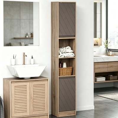 OKWISH Badkamerkast – Hoge Smalle Opbergkast – 30 x 24 x 170 cm – 2 Deuren En 2 Open Vakken – Verstelbare Planken – MDF En Spaanplaat Grijs Eiken