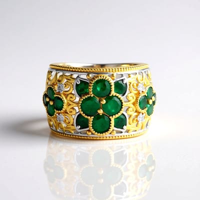 Cavill - Elegante Damesring - 925 Sterling Zilver Palladium - Zambia Smaragd 1,818 ct - Filigraan Bloemen - Prachtige Ring