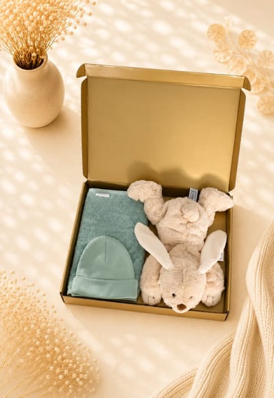 Kraampakket beige / groen – Knuffel Konijn, Baby Mutsje & Slab – neutraal kraamcadeau – baby meisje / jongen – babyshower – Luxe Gouden Geschenkverpakking – Brievenbus Kraamcadeau