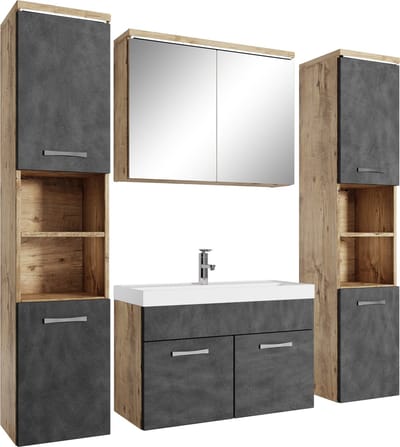 Badplaats Badkamermeubel Set Paso XL 80 x 40 cm – Kastanje Eiken met Donker Grijs – Badmeubel met Spiegelkast en Zijkasten