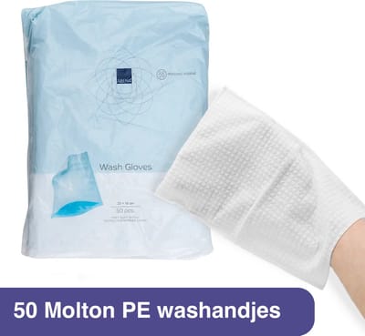 ABENA Molton Wegwerp Washandjes met PE – 50 stuks – Van Kwalitatief Zacht, Dun en Sterk Materiaal – Hygiënisch – Met Plastic Binnenzijde - Voor Eenmalig Gebruik – Royale Handinsteek – Perfect voor Onderweg