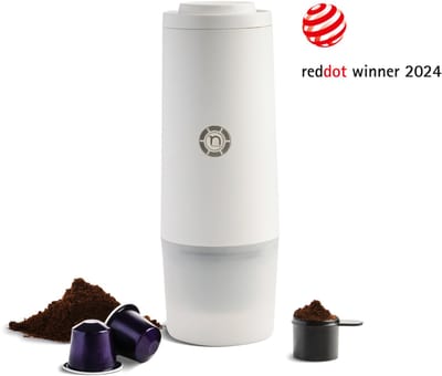 Nomious PrimeBrew Draagbare Espressomachine – Draagbaar Koffiezetapparaat voor Onderweg – Espresso voor Onderweg – Zelfverwarmend – Oplaadbaar – 20 Bar – Geschikt voor Nespresso® Capsules & Gemalen Koffie – Camping & Reizen