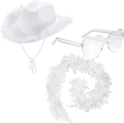 Stijlvolle brede rand hoed voor cowgirls met hartvormige brillen en boa - Cowboy kostuumaccessoires voor volwassenen en feestkleding