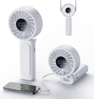YAGXIG Handventilator - Draagbare ventilator - 3000mAh - Oplaadbaar - Persoonlijke ventilator - 180° opvouwbare mini-desktopventilator - 6 windsnelheden - Digitaal LCD-display - Lanyard-ontwerp - Ultrastil - Geschikt voor binnen en buiten - Wit