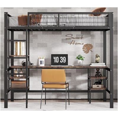 ModernLuxe Hoogslaper 90x200cm - met tafel + plank - met vier-treden ladder - ijzer + spaanplaat - zwart (zonder matras)