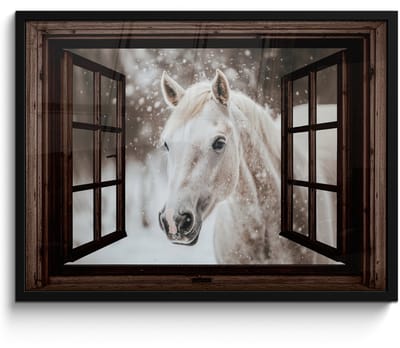 Poster in lijst - Fotolijst 70x50 cm - Posters - Doorkijk - Paard - Wit - Winterlandschap - Sneeuw - Posterlijst zwart - Decoratie - Wanddecoratie woonkamer - Muurdecoratie slaapkamer