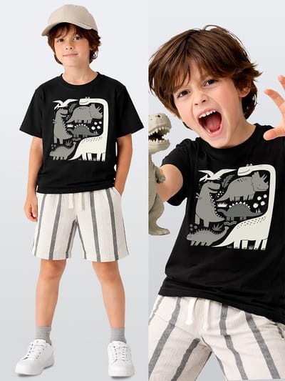 Denokids CFF-26Y1-173 Zwart Jongens T-shirt & Gestreepte Shorts Set met Dino Print 92