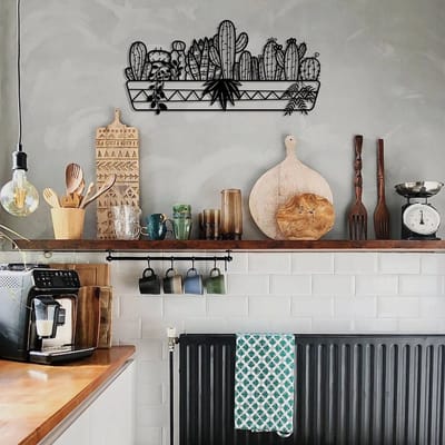 Metalen Wanddecoratie Cactus – 3D Wandkunst – Zwart – 84 x 42 cm