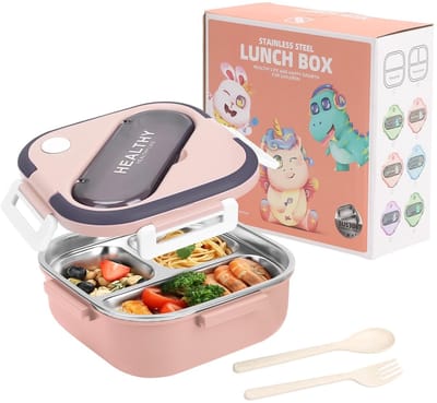 Dailygoods- Lunchbox Roestvrij Staal - Bento Box - Lekvrij - Vaatwasserbestendig - 19x19x8,5 cm - Inclusief Vork en Lepel