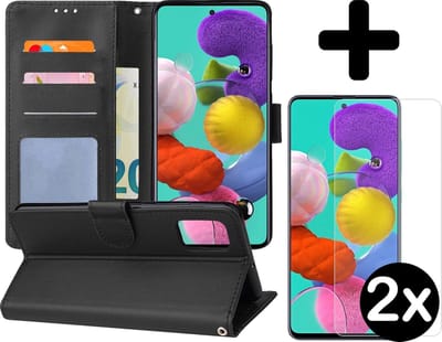 Hoesje - Met 2x Screenprotector - Geschikt voor Samsung Galaxy A51 - Luxe Pasjeshouder - Flip Case - Bookcase Portemonee - Kunstleer Book Case - Flipcase Hoes - Book Cover - Walletcase - Portemonneehoes - Telefoonhoes - Zwart