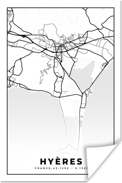 Poster Frankrijk - Plattegrond - Hyères - Stadskaart - Kaart - Zwart wit - 120x180 cm XXL