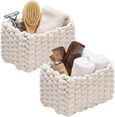 Opbergmand van Katoen, Gevlochten Mand voor Toiletpapier, Cosmetica en Speelgoed, 19 x 15 x 12 cm, Wit, Set van 2, Ideaal voor Thuisorganisatie en Decoratie