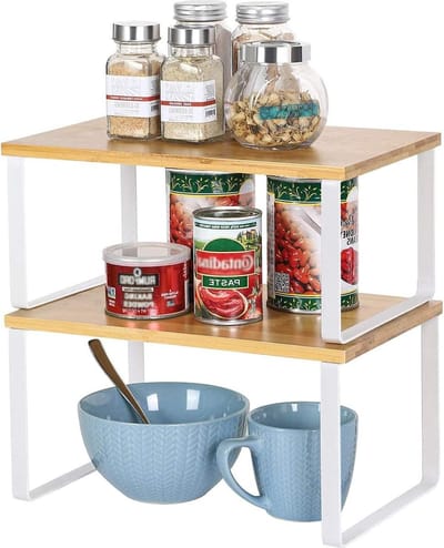 Keukenkast organizer set van 2 - uitbreidbaar en stapelbaar - kruidenrek - keukenrek - opbergrek voor keukenkast - werkblad - eetkamer - wit - natuurlijke kleuren Opbergrek