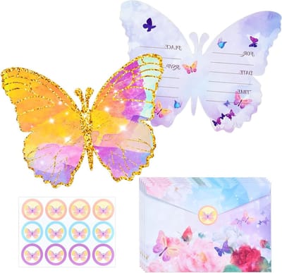 Feestelijke Vlinder Uitnodigingen voor Meisjes - Verjaardagskaarten met Envelop en Stickers voor Kinderfeestjes