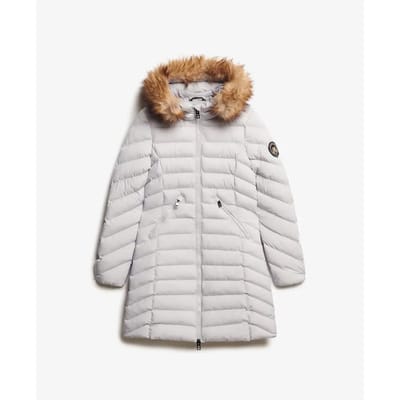Superdry Halflange Fuji-pufferjas met Capuchon met Imitatiebont Lichtgrijs Grootte: 38