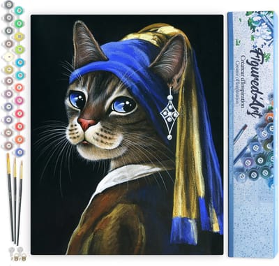 Figured'Art Schilderen op Nummer Volwassenen canvas Het jonge katje met de parel - Handwerk acrylverf Kit DIY Compleet - 40x50cm zonder frame