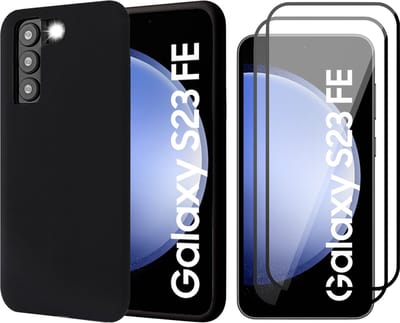 Hoesje geschikt voor Samsung Galaxy S23 FE - 2x Screenprotector Volledig Dekkend Glas - Mat Back Case Zwart