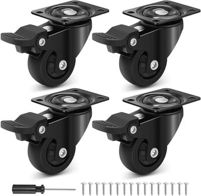 meubelwielen 38 mm, stille en glijdende rubberen wielen voor steekwagens met 4 remmen capaciteit 135 kg, ruo te draaiende scharnieren met 360 graden rotatie voor tafel, kast, ligstoel