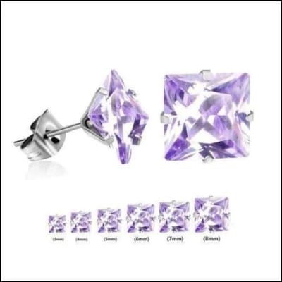 Aramat Jewels | Oorbellen | RVS Vierkante Zirkonia Oorbellen - Tijdloze Oorstekers | Zilverkleurig / Lila / 5mm | | | Staal | Kinderen, Volwassenen | Verkleurd niet