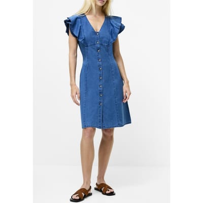 French Connection Ruffle Denim Chambray Dress Mid Wash Mid Wash Maat: 10 | Blousejurken Outlet | Dames | Blauw