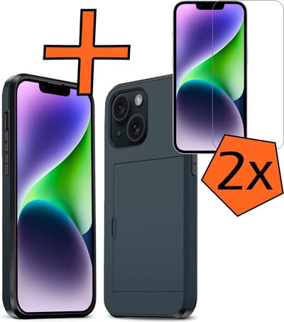 Hoesje Geschikt voor iPhone 14 Hoesje Pasjeshouder Shockproof Hard Case Met 2x Screenprotector - Hoesje Geschikt voor iPhone 14 Hoes Met Kaarthouder - Donkerblauw