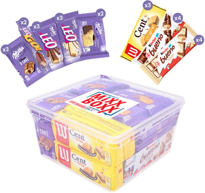 Koffie Treats mix van lekkernijen - Milka, Lu Cent Wafers, Kinder Bueno - 24 stuks - chocolade en koek voor bij de koffie in herbruikbare box - VOORDEELPAKKET - 943g