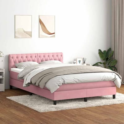 vidaXL - Boxspring - met - matras - en - LED - fluweel - roze - 140x210 - cm