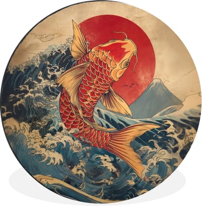 WallCircle - Wandcirkel - Muurcirkel - Koi - Zee - Golven - Zon - Aluminium - Dibond - 30x30 cm - Binnen en Buiten
