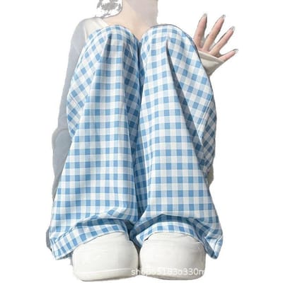 Roze geruite broek voor dames lente nieuwe casual losse hoge taille kleine hangende wijde pijpen S gray