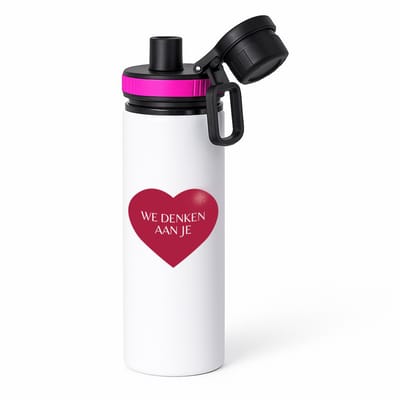 Hacebo® - We denken aan je hartje waterfles met draaidop roze - Quotes - iemand die door een moeilijke tijd gaat - moeilijke tijd - ziek - koorts - snel beter worden - cadeau - beterschap cadeau - kado - gift - geschenk - water fles - 850ML