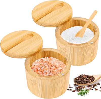 Solidchoice - 2 Stuks Bamboe Zoutpotten met Magnetisch Deksel en Lepel
