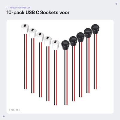 Dailygoods - 10-pack USB C Sockets voor Solderen, 2 Draad, 150 mm, Zwart/Wit