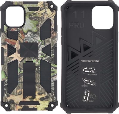 Hoesje Geschikt voor iPhone 11 Pro Hoesje - Rugged Extreme Backcover Blaadjes Camouflage met Kickstand - Groen