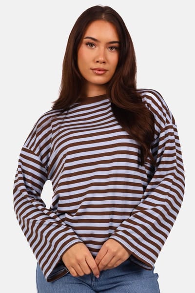 Getdrezzed Top - Maat: L - Gestreepte longsleeve in bruin en lichtblauw