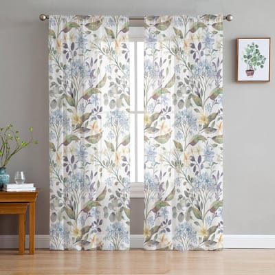 Lente Bloemen Planten Hortensia's Voile Transparante Gordijnen Woonkamer Raam Chiffon Tule Gordijn Keuken Slaapkamer Gordijnen Huisdecoratie 135W x 114H(cm) white