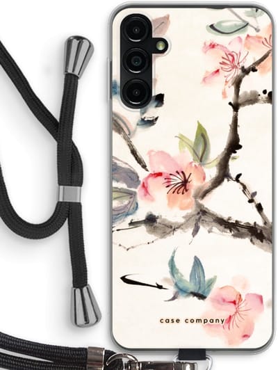 Case Company® - Hoesje met koord geschikt voor Samsung Galaxy A14 hoesje met Koord - Japanse bloemen - Telefoonhoesje met Zwart Koord - Bescherming aan alle Kanten en Over de Schermrand