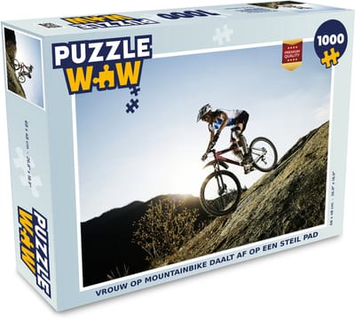 Puzzel Vrouw op mountainbike daalt af op een steil pad - Legpuzzel - Puzzel 1000 stukjes volwassenen