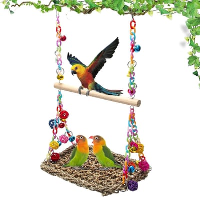 KZQ Vogelspeelgoed - Geweven tunnelhangmat - Vogelhuisje met gaten - Klimhangmat voor vogels - Geschikt voor binnenvogels, grasparkieten, kanaries en valkparkieten (gekleurde accessoires - willekeurige kleur)