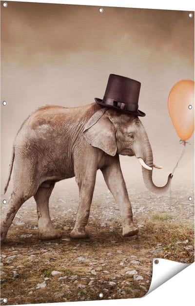 Gards Tuinposter Olifant met een Oranje Ballon - Hoedje - 90x120 cm - Tuindoek - Tuindecoratie - Wanddecoratie buiten - Tuinschilderij