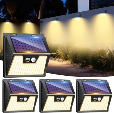 4 Stuks Zonnelampen Buiten met Bewegingssensor - 176 LEDs - Waterdicht en Driedelige Verlichting voor Tuin en Garage