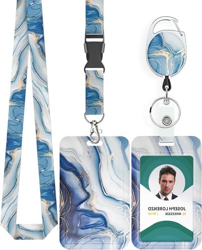 Stijlvolle Blauwe Marmer Badgehouder met Retractable Reel en Afneembare Lanyard voor Verticale Kaarten