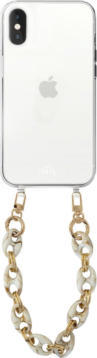 xoxo Wildhearts silicone case met koord - Transparant telefoonhoesje met koord - telefoonketting - Marble Creme - Kort koord - Cord Case - geschikt voor Apple iPhone XS Max hoesje - Ketting met marmere look - marmer - creme / beige