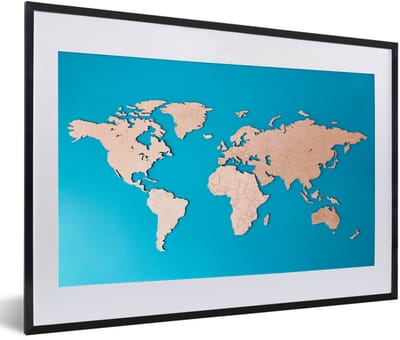 Poster in lijst - Fotolijst 60x40 cm - Posters - Wereldkaart - Houtkleur - Blauw - Posterlijst zwart - Decoratie - Wanddecoratie woonkamer - Muurdecoratie slaapkamer
